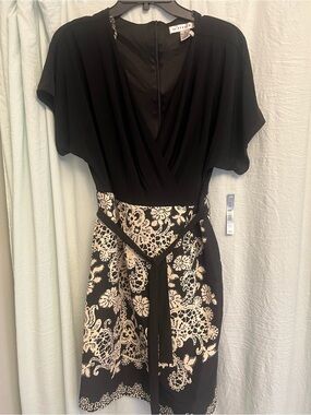 Black Wrap-Top Dress with Cream Floral Skirt